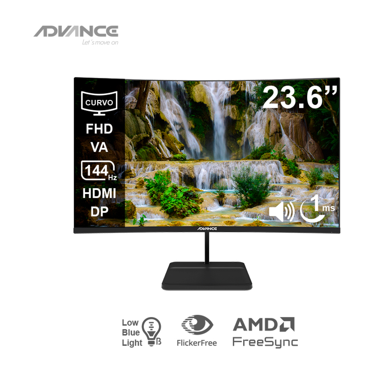 Monitor curvo ADVANCE ADV-2456S, 23.6" FHD VA, 144Hz, 1ms, HDMI, DP, Audio out, Parlantes